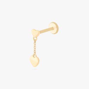 14K Double Heart Dangle Flatback Stud